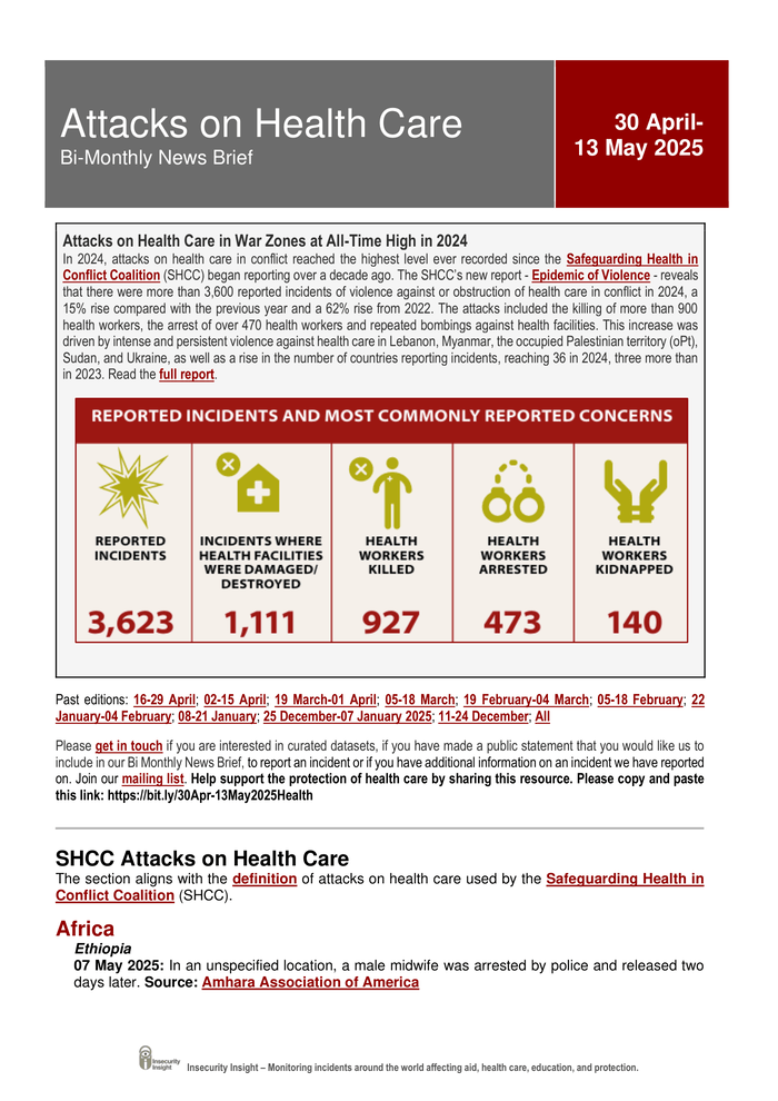 Attacks on Health Care Bi-Monthly News Brief: 30 April - 13 May 2025