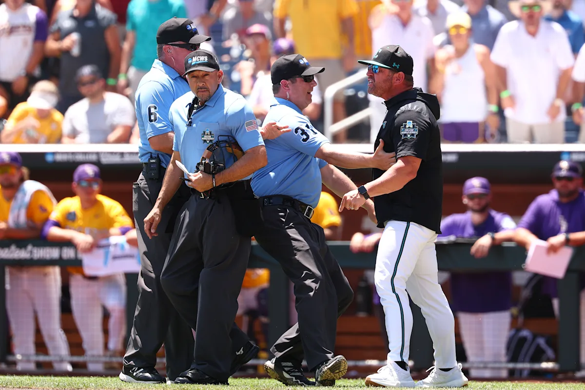 College World Series: Coastal Carolina coach Kevin Schnall gets quick ejection in first inning with NCAA title at stake