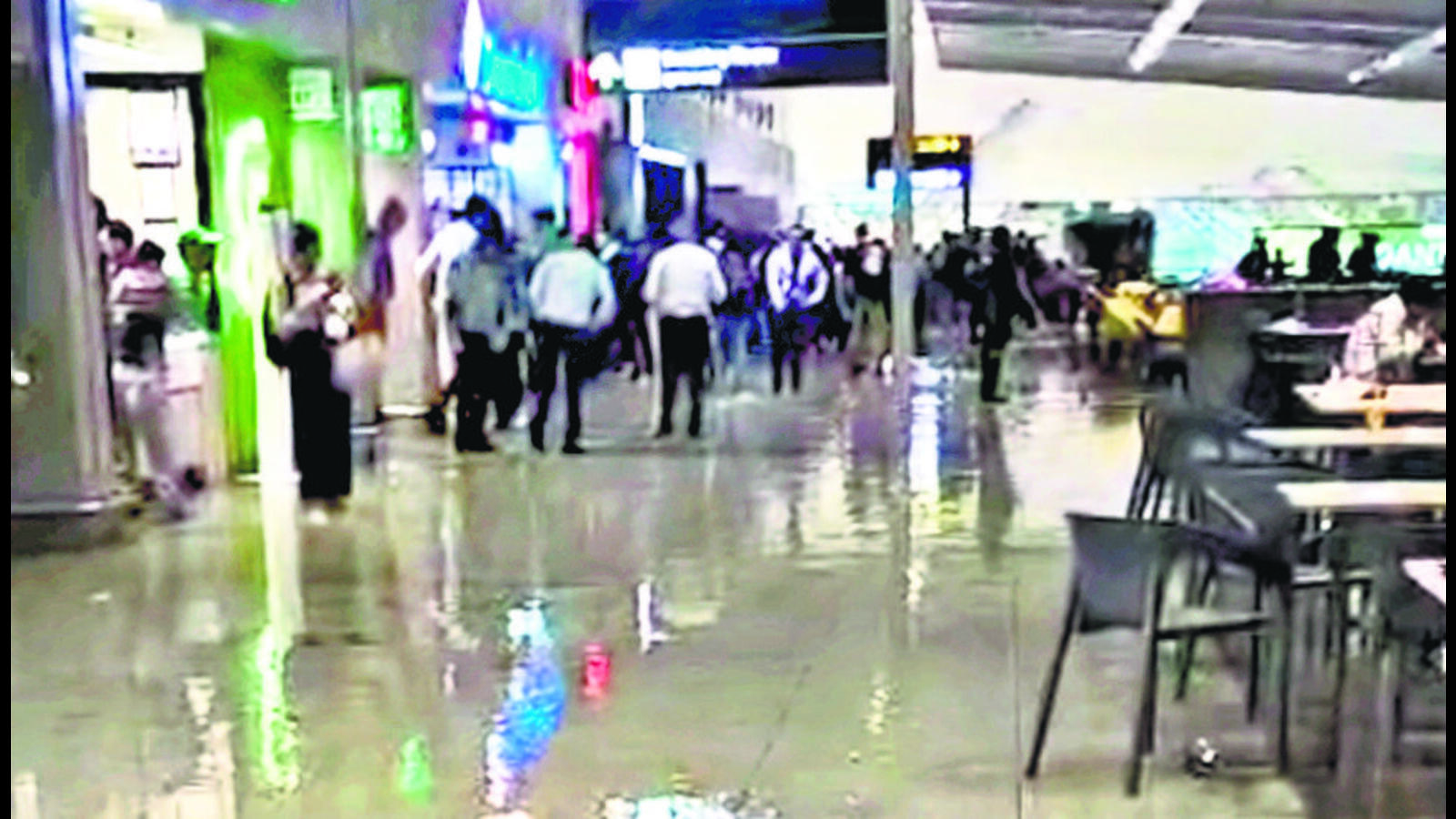 Rainwater falls into food court of newly opened T1 of Delhi airport
