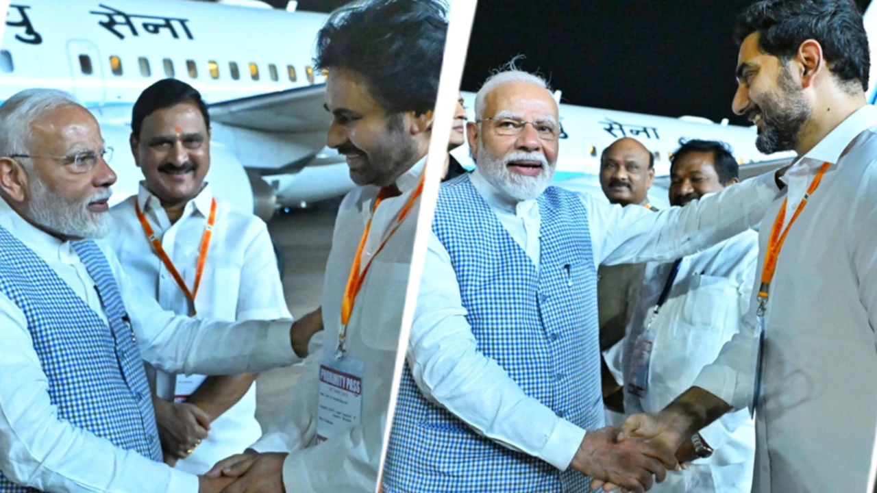 Pawan Kalyan, Nara Lokesh welcome PM to Andhra ahead of Yoga Day celebration