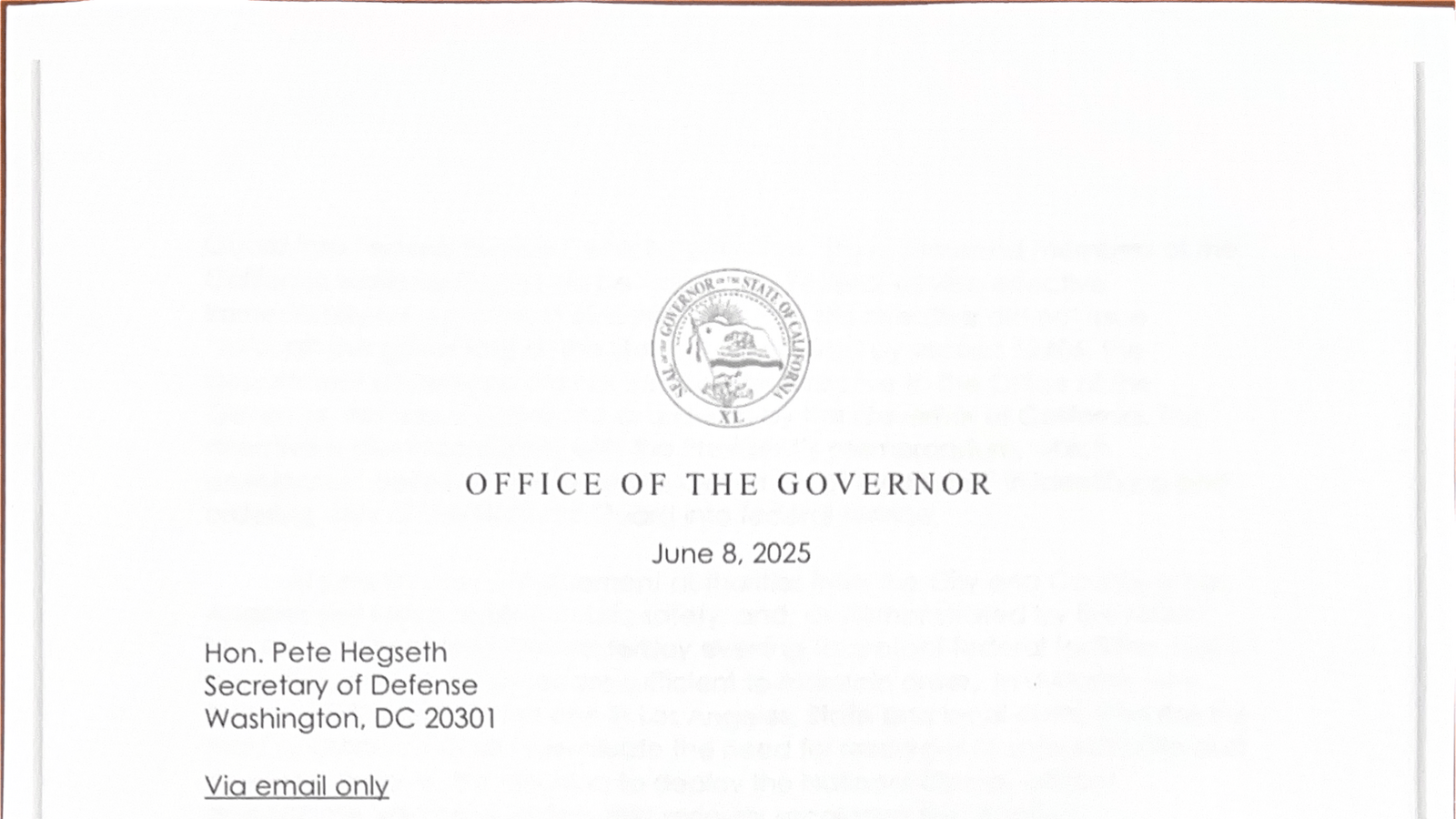 Read the Letter From the Office of Gov. Gavin Newsom to Defense Secretary Pete Hegseth