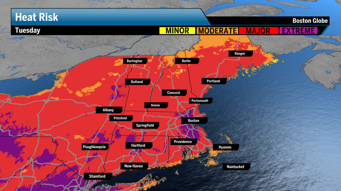 Record heat continues with mostly sunny skies near Boston, storm chance north