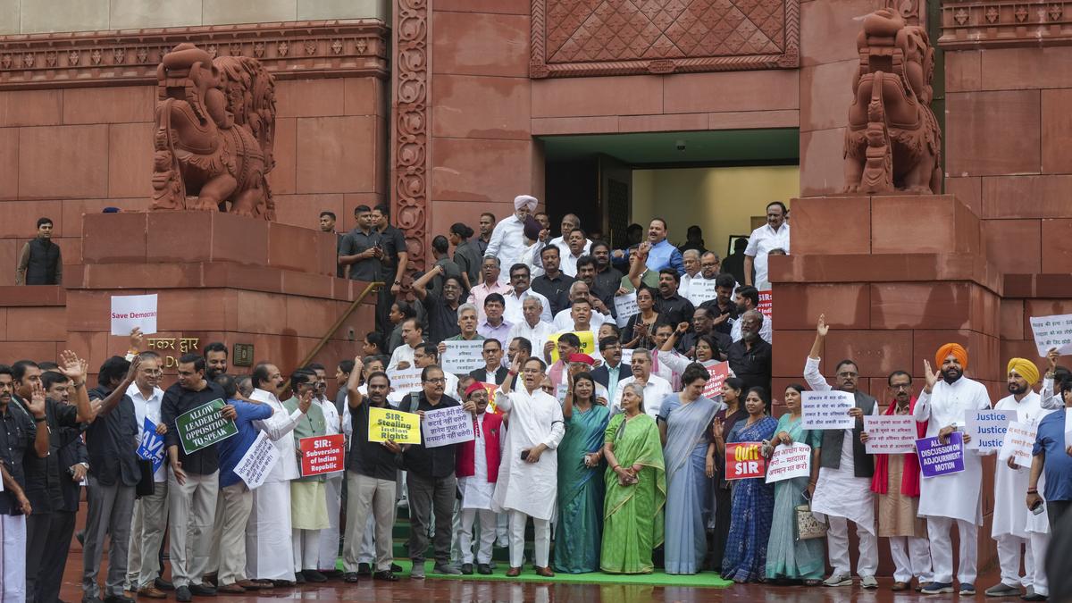 INDIA bloc MPs protest in Parliament complex against SIR exercise in Bihar