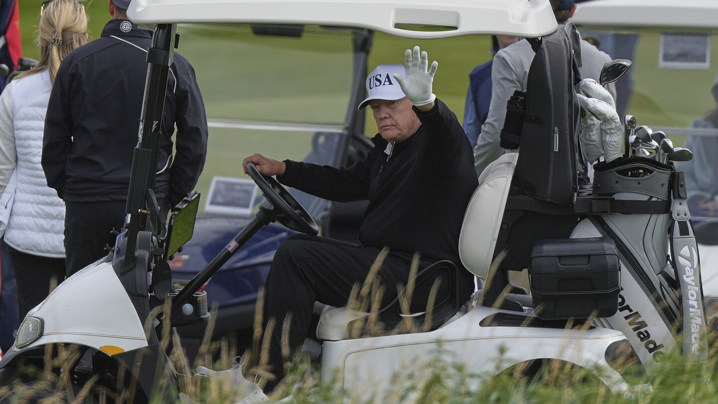 Trump plays golfs in Scotland while protesters take to the streets and decry his visit