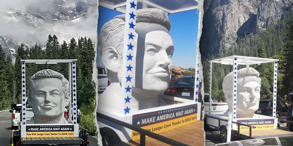 EXCLUSIVE: Mysterious giant Elon Musk head travels America's national parks, saying 'Make America Wait Again'